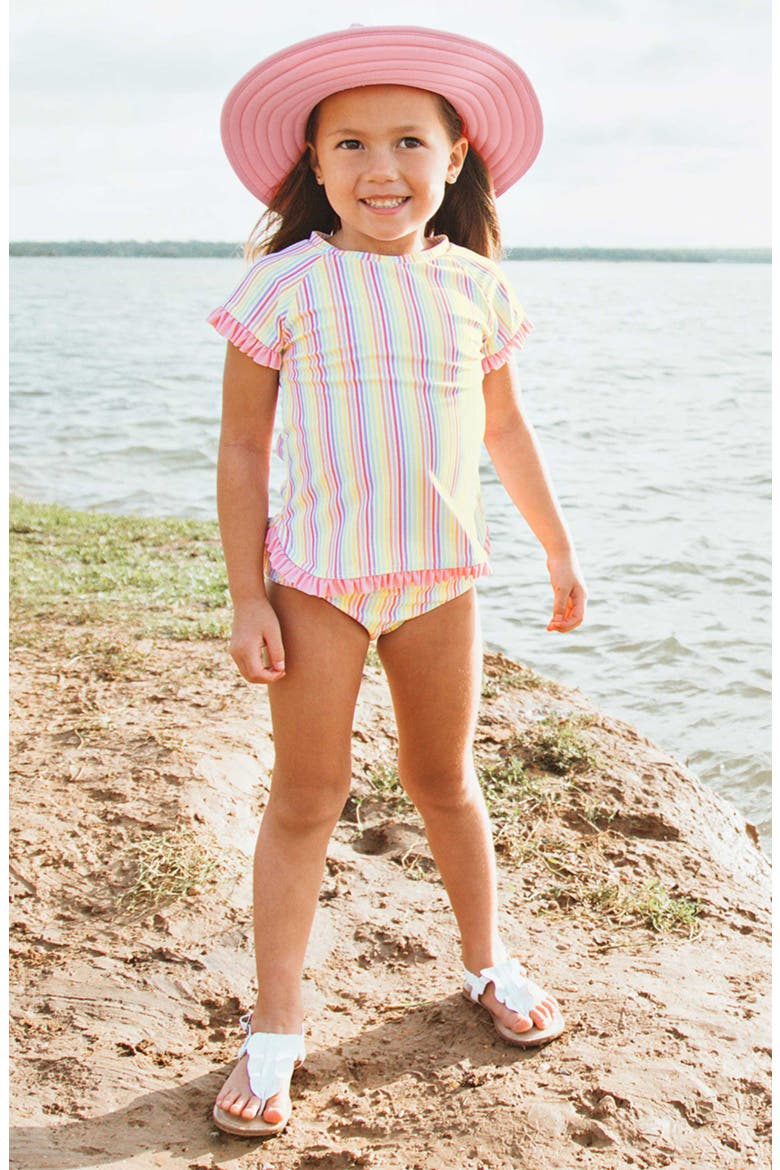 Rainbow Stripe Two-Piece Rashguard Swimsuit & Sun Hat Set, Alternate, color, PINK