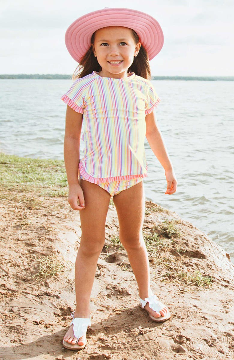 RuffleButts Rainbow Stripe Two-Piece Rashguard Swimsuit & Sun Hat Set, Alternate, color, 
