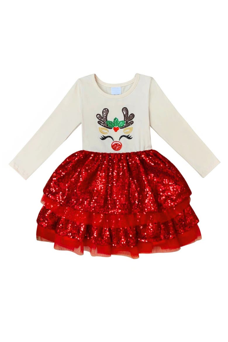 Sparkling Reindeer Sequin Long Sleeve Tutu Dress, Main, color, Red