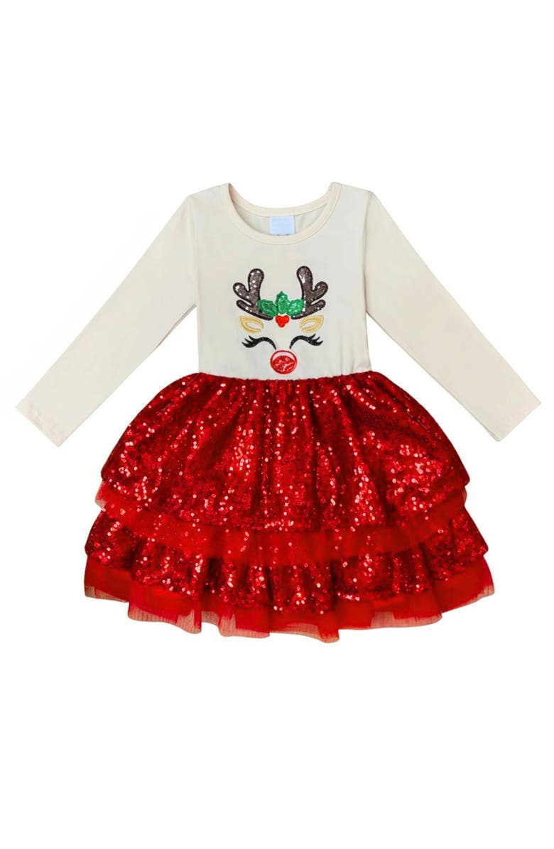 Mia Belle Girls Sparkling Reindeer Sequin Long Sleeve Tutu Dress, Main, color, Red