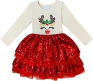 Mia Belle Girls Sparkling Reindeer Sequin Long Sleeve Tutu Dress
