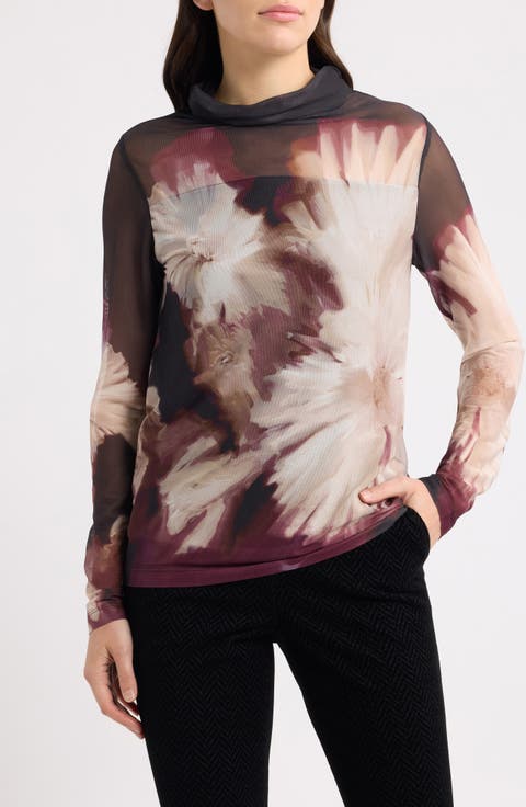 Print Mesh Mock Neck Top