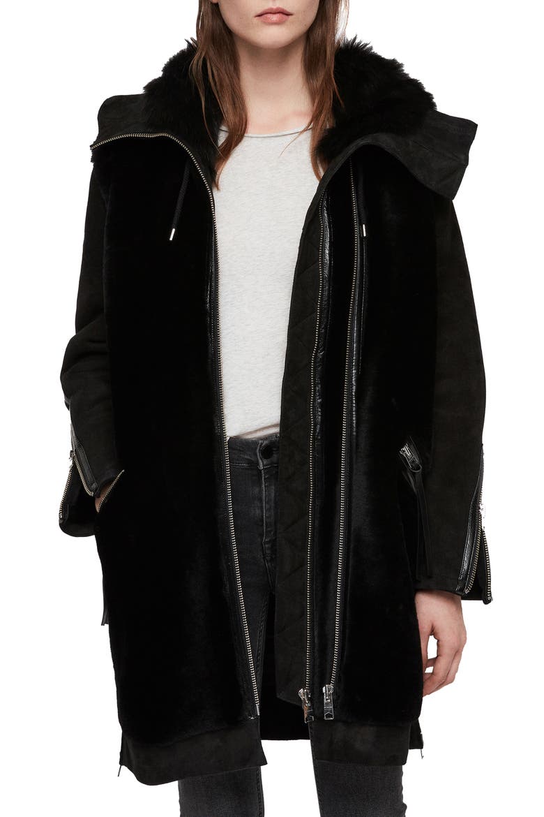 State Lux Suede Parka with Genuine Shearling Trim, Main, color, BLACK/ BLACK