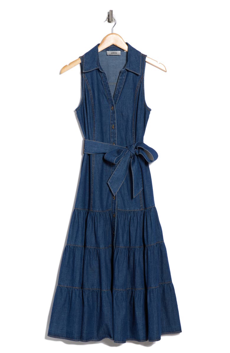 Sleeveless Button Front Tiered Denim Dress