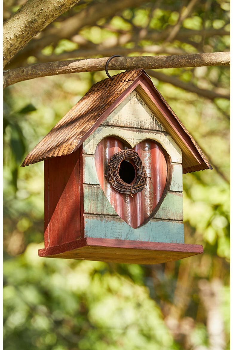 8.75"H Distressed Solid Wood Birdhouse with Heart, Alternate, color, Red