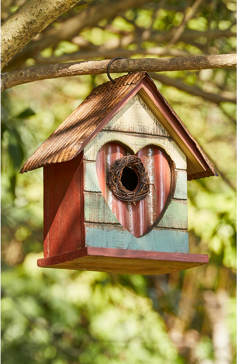 Glitzhome 8.75"H Distressed Solid Wood Birdhouse with Heart, Alternate, color, Red