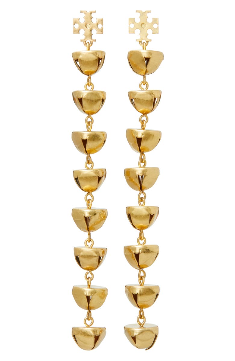 Tory Burch Bell Linear Drop Earrings, Main, color, Antique Light Brass