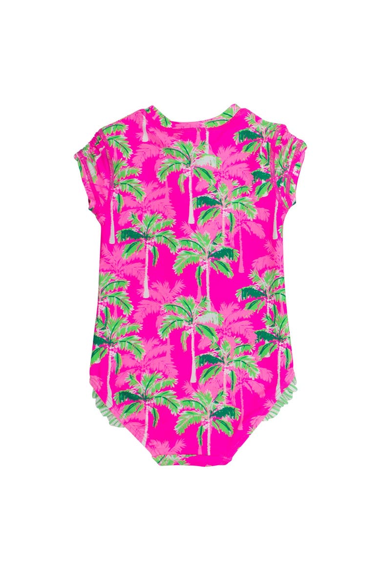 Girls Short Sleeve UPF50+ One Piece Rash Guard, Alternate, color, Neon Palm Paradise