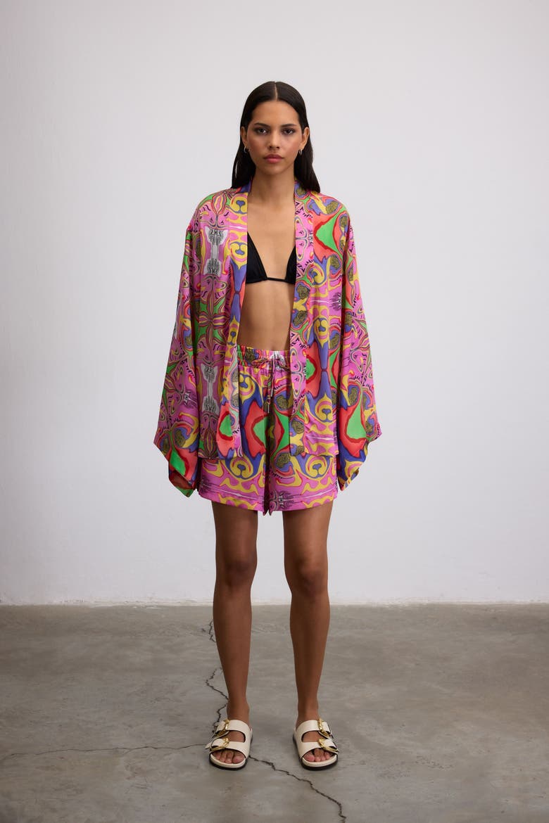 Psychedelic Printed Blushwave Short Caftan, Alternate, color, Pink