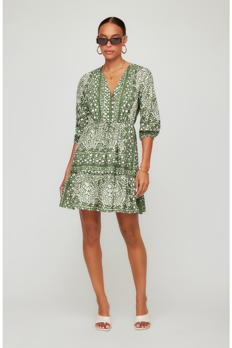 Tasha Drawstring Waist Tiered Cotton Dress, Alternate, color, GREEN PRINT