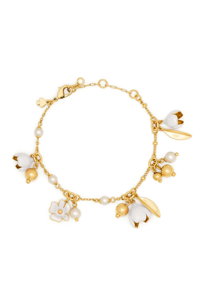 golden bloom flower charm bracelet, Main, color, WHITE.