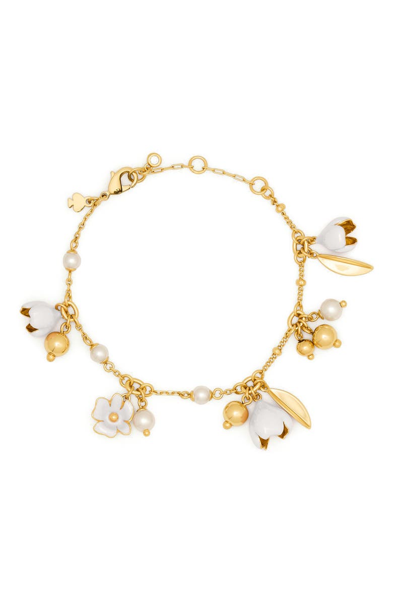 Kate Spade New York golden bloom flower charm bracelet, Main, color, White.