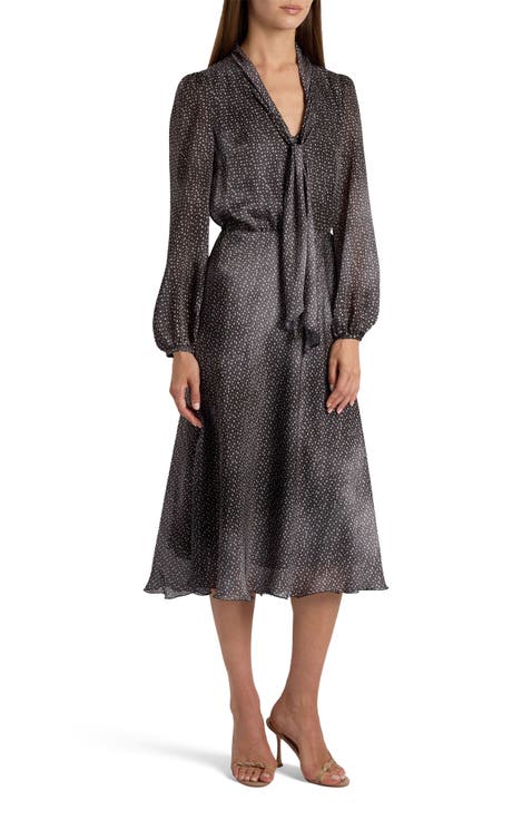 Jenn Midi Dress with Drop Tie Neck in Micro-Dot Print