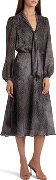 Santorelli Jenn Midi Dress with Drop Tie Neck in Micro-Dot Print