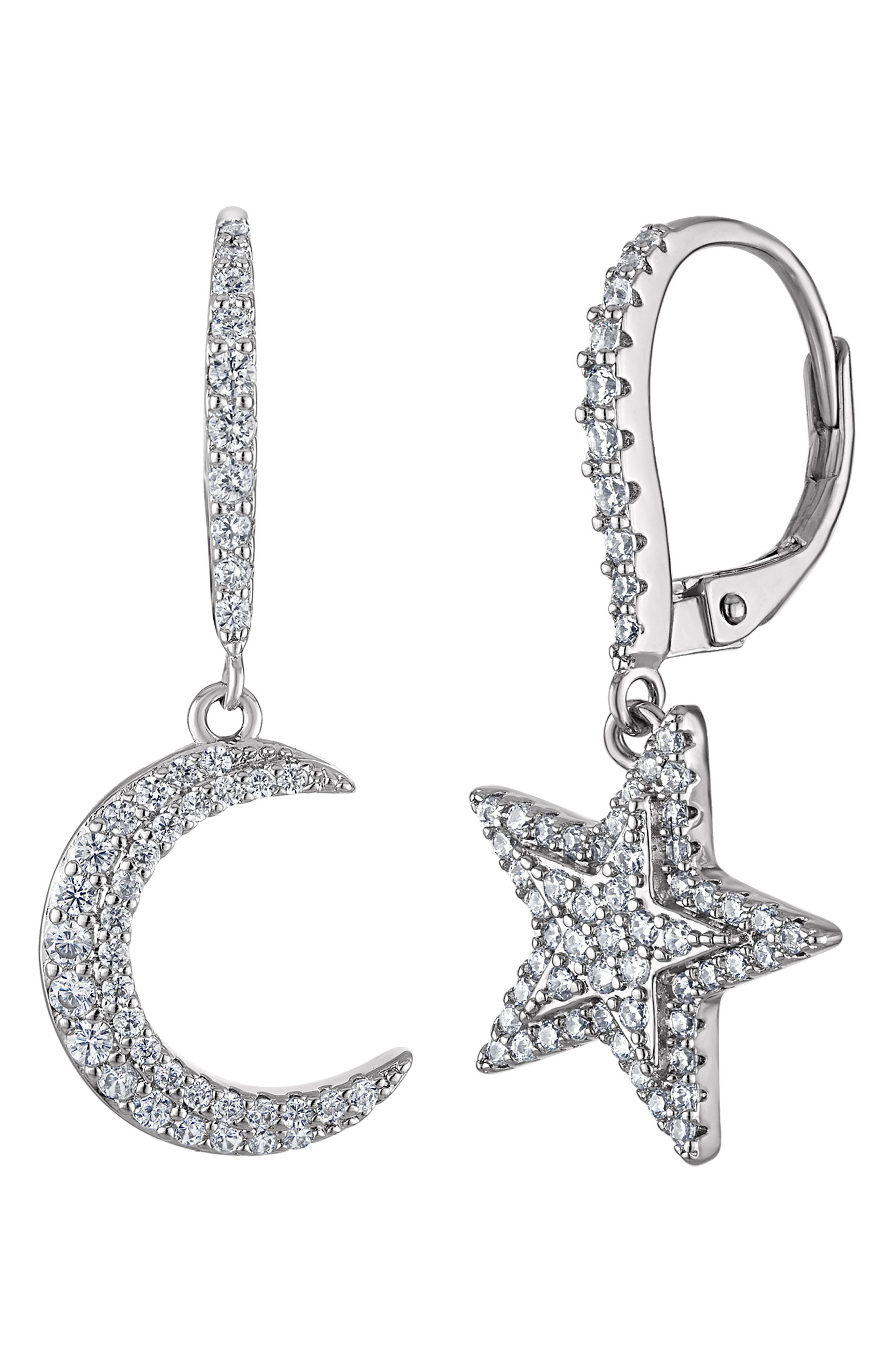 FZN Pavé Cubic Zirconia Moon & Star Mismatched Drop Earrings