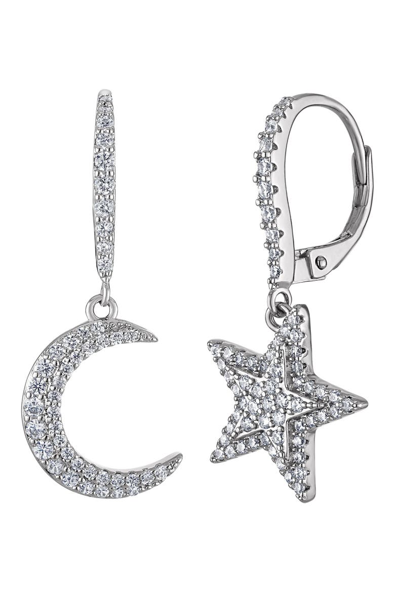 Pavé Cubic Zirconia Moon & Star Mismatched Drop Earrings, Main, color, WHITE