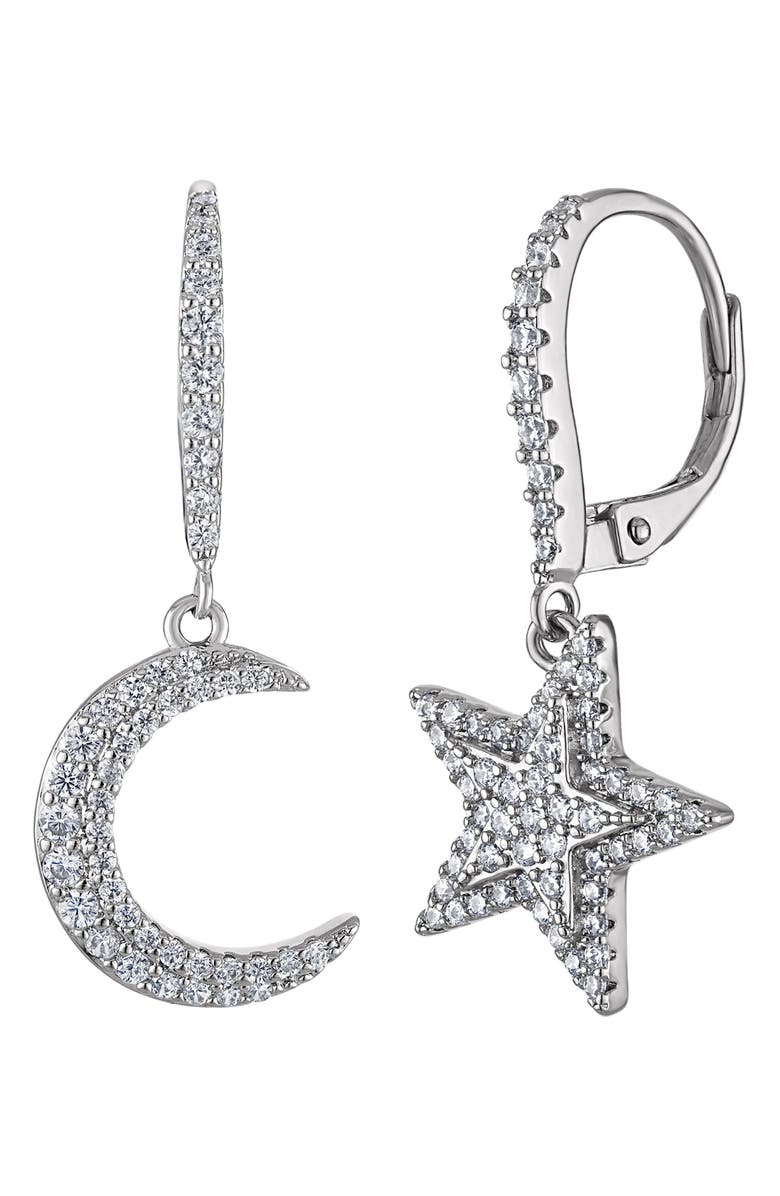 FZN Pavé Cubic Zirconia Moon & Star Mismatched Drop Earrings, Main, color, White