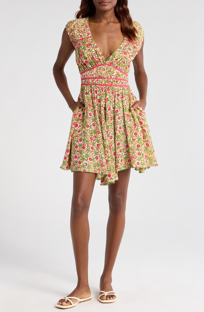 Poupette St Barth Ciao Floral Pleated Cover-Up Mini Sundress, Main, color, Pink Honolulu