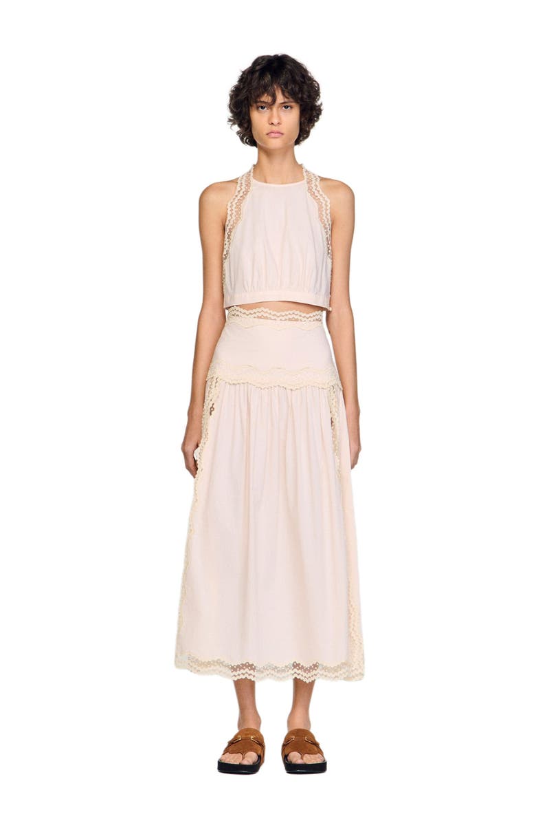 SANDRO Long cotton skirt with trim, Main, color, Light Pink