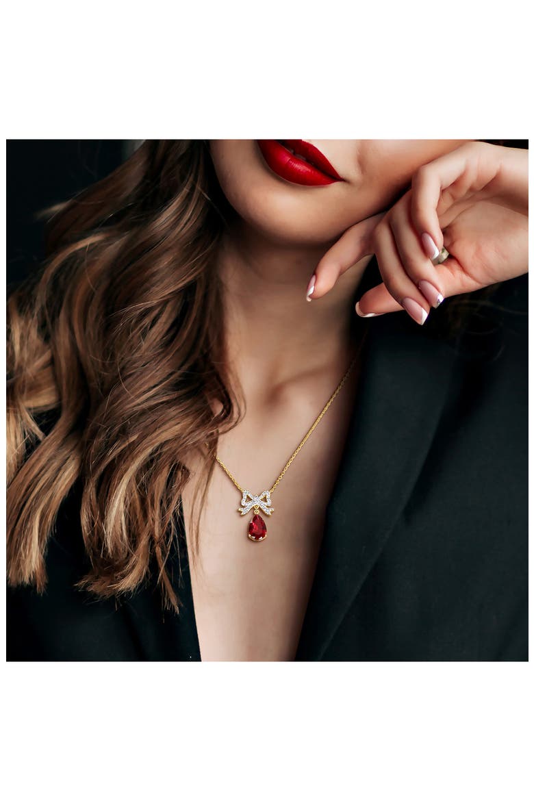 Lab Created Ruby & White Sapphire Bow Pendant Necklace & Stud Earrings Set, Alternate, color, RED