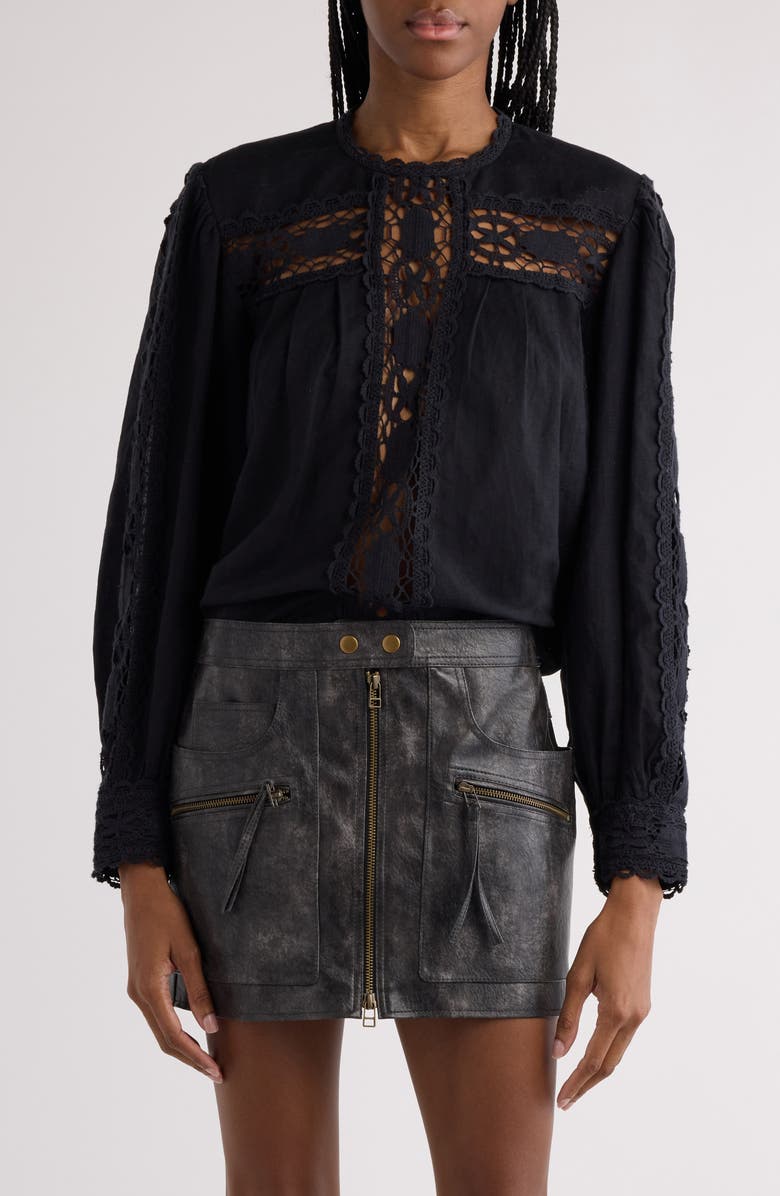 Isabel Marant Étoile Valmira Crochet Detail Linen & Cotton Top, Main, color, Black