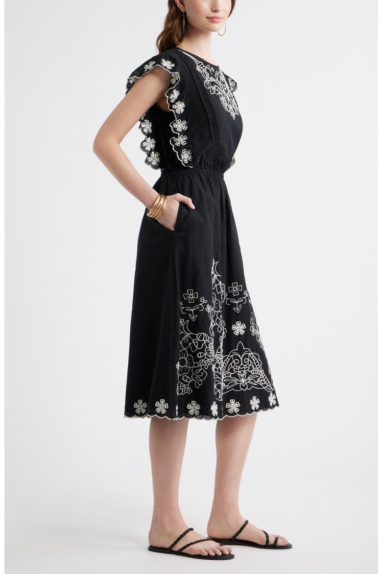 Floral Embroidered Flutter Sleeve Midi Dress, Alternate, color, BLACK