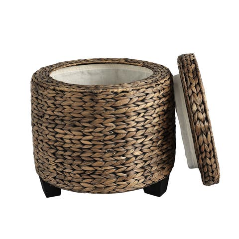 Addie 17.72" Modern Coastal Handwoven Water Hyacinth Storage Ottoman with Lid