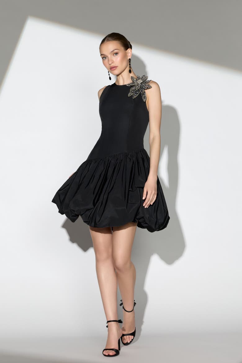 Bubble Hem Mini Dress with Hand Beaded Flower, Alternate, color, Black