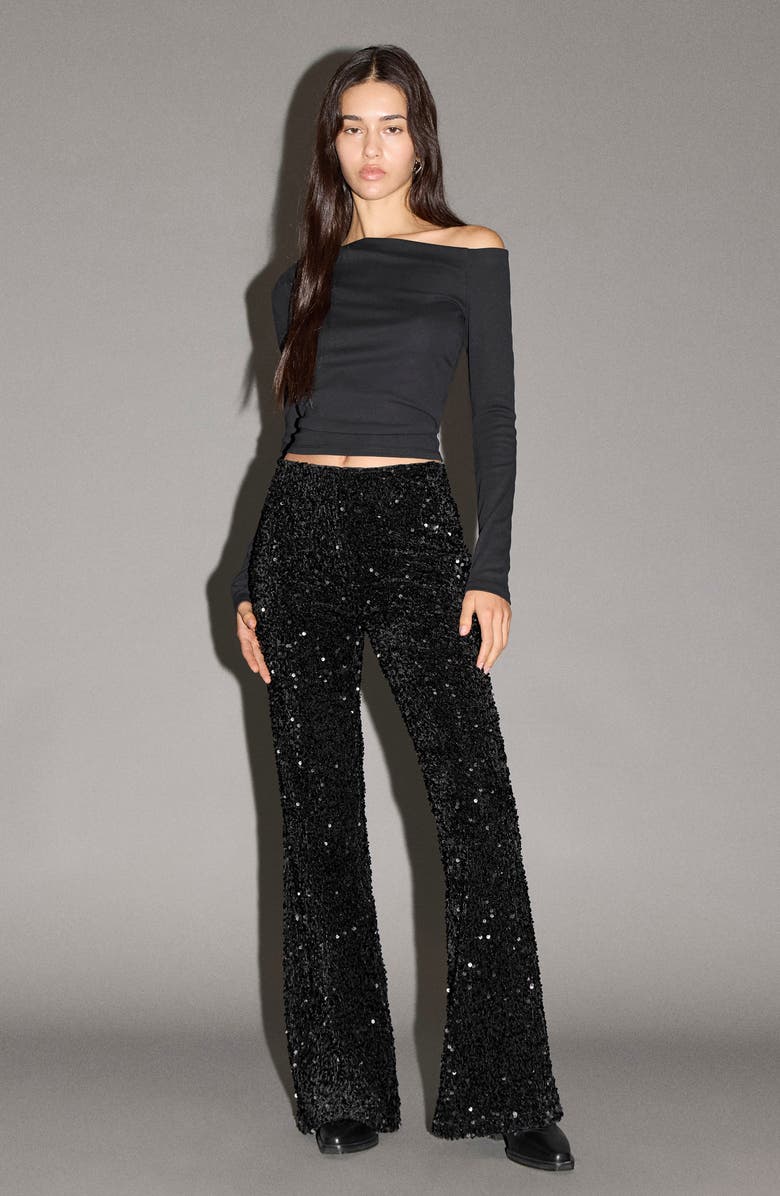 MANGO TEEN Sequin Flare Jeans, Alternate, color, Black