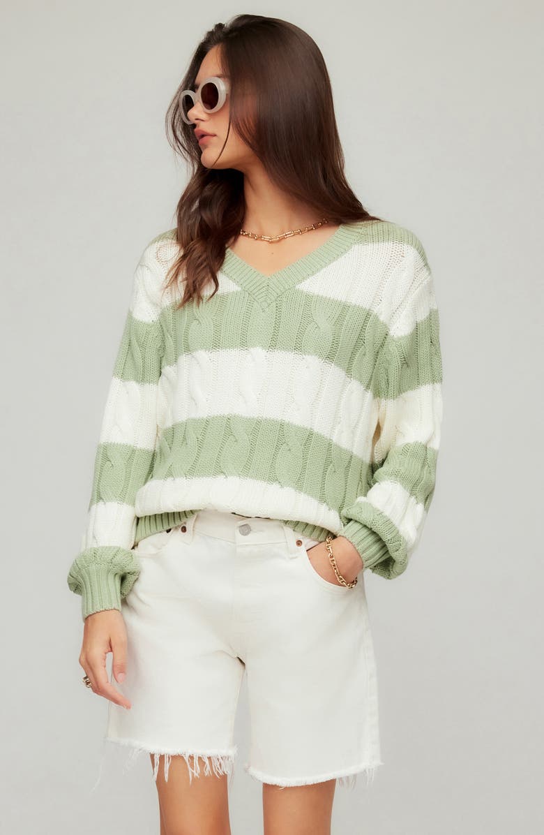 FIFTEEN TWENTY Avalee Stripe Cable Knit Sweater, Alternate, color, Sage/ Cream