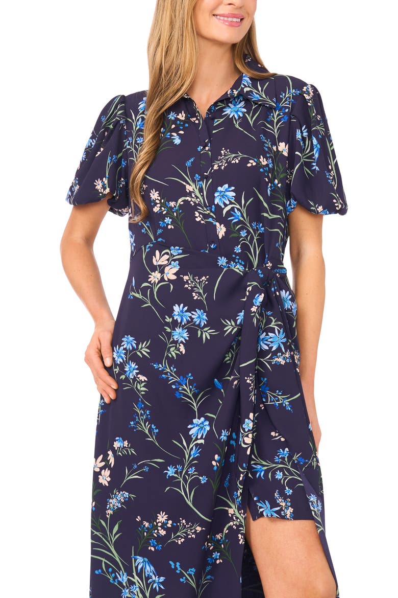 Floral Print Puff Sleeve Tie Waist Midi Dress, Alternate, color, CLASSIC NAVY