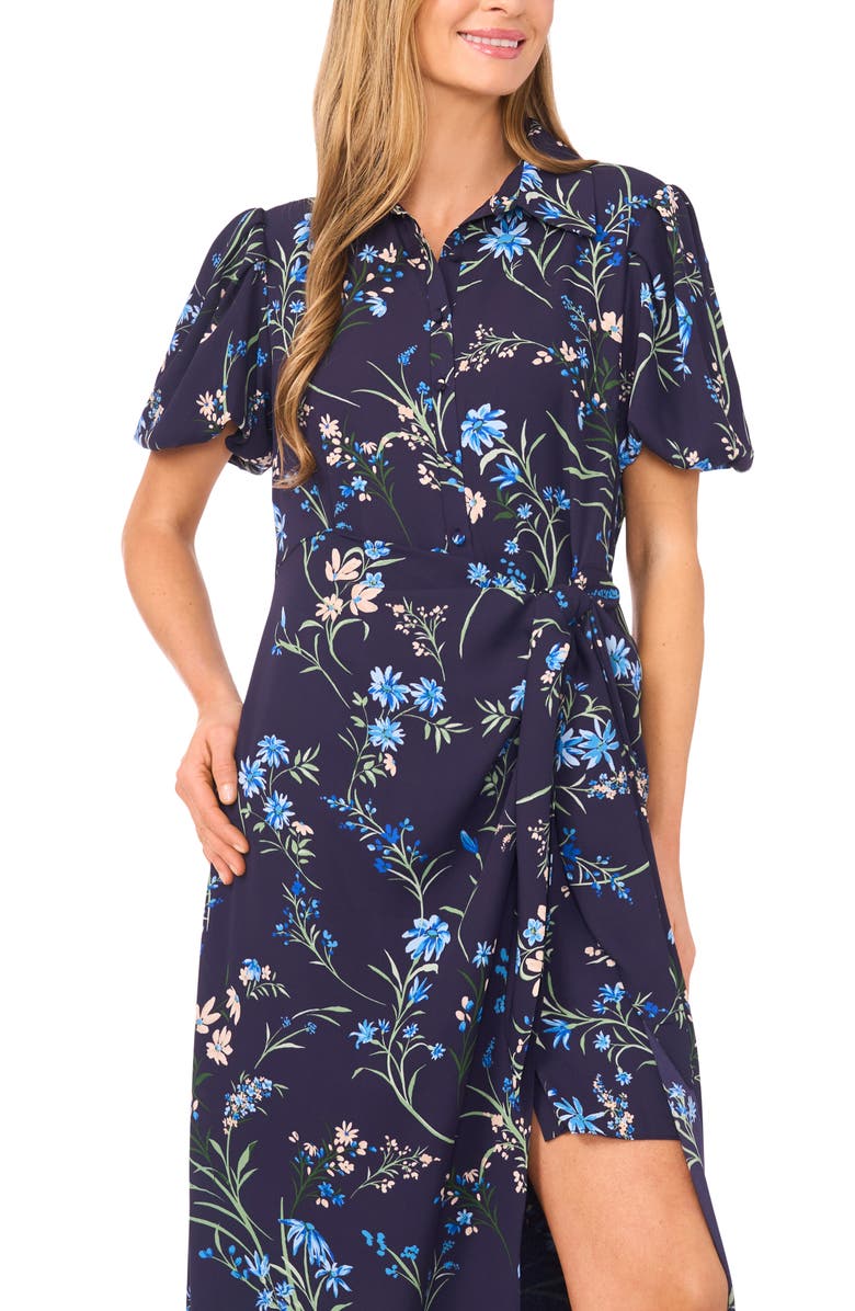 CeCe Floral Print Puff Sleeve Tie Waist Midi Dress, Alternate, color, Classic Navy