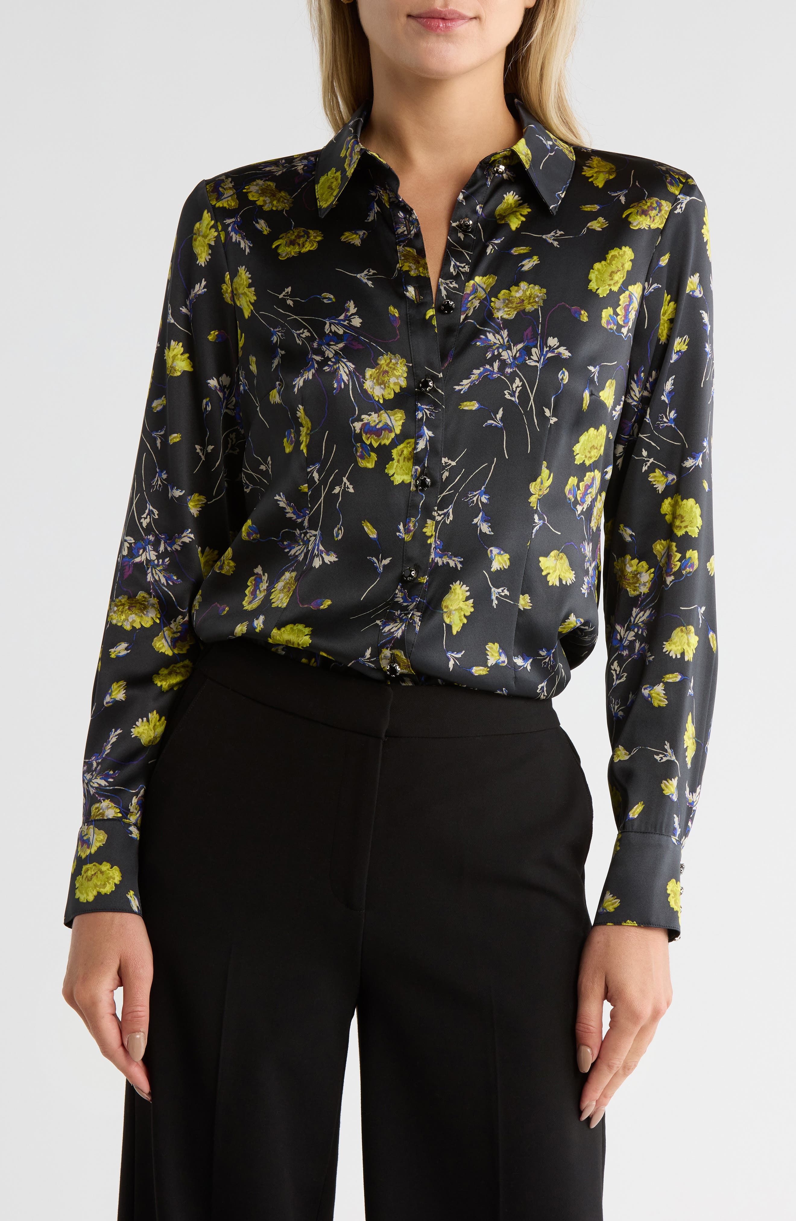 Cinq à Sept Petra Falling Poppies Stretch Silk Button-Up Shirt