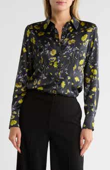 Cinq à Sept Petra Falling Poppies Stretch Silk Button-Up Shirt