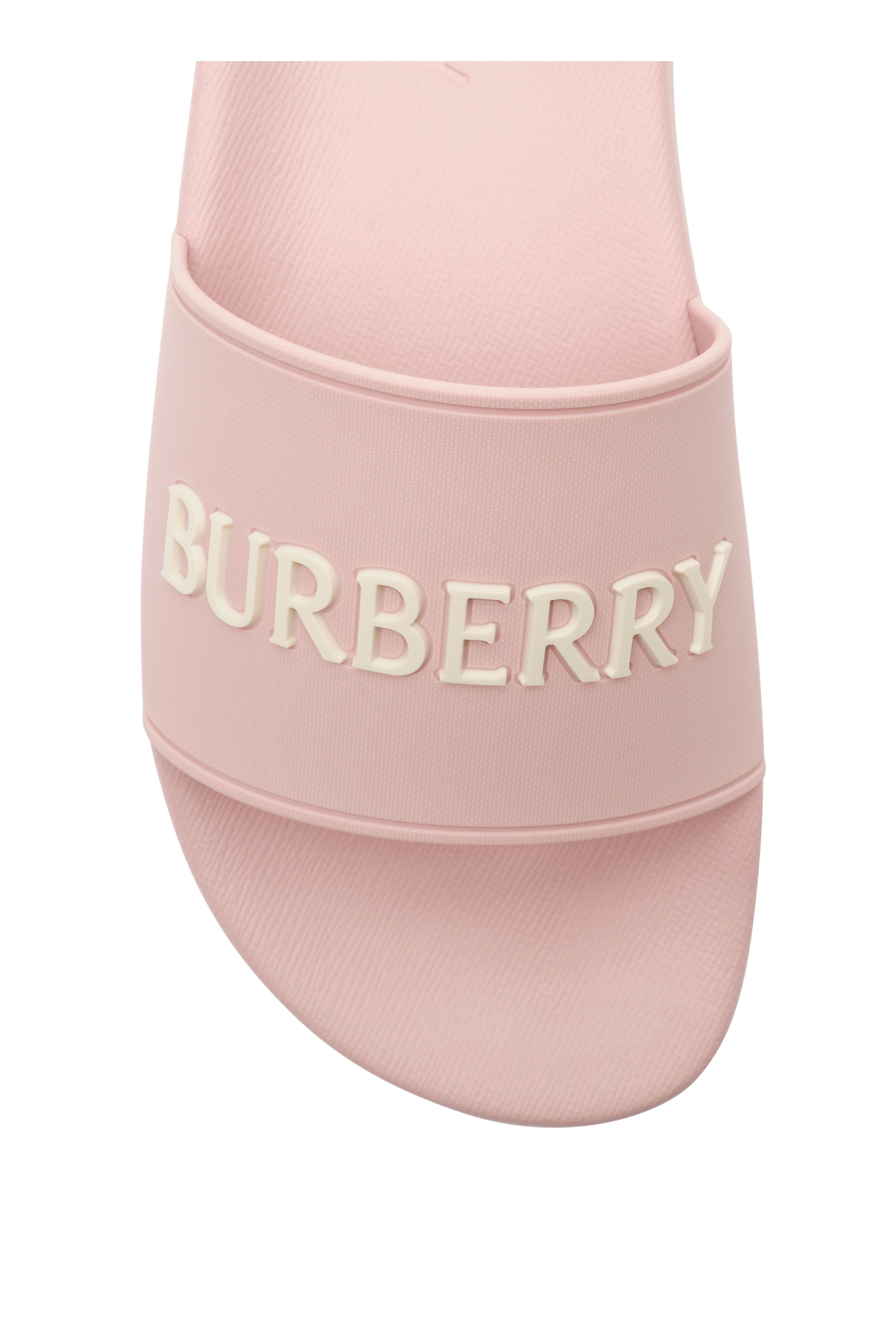 Burberry Logo Slides, Alternate, color, Candy Pink/Dove Beige