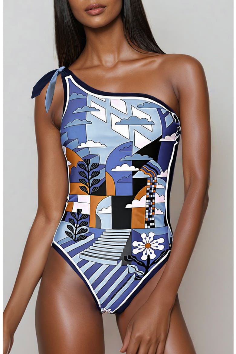 Blue Imagination Reversible One-Shoulder Swimsuit, Main, color, Blue