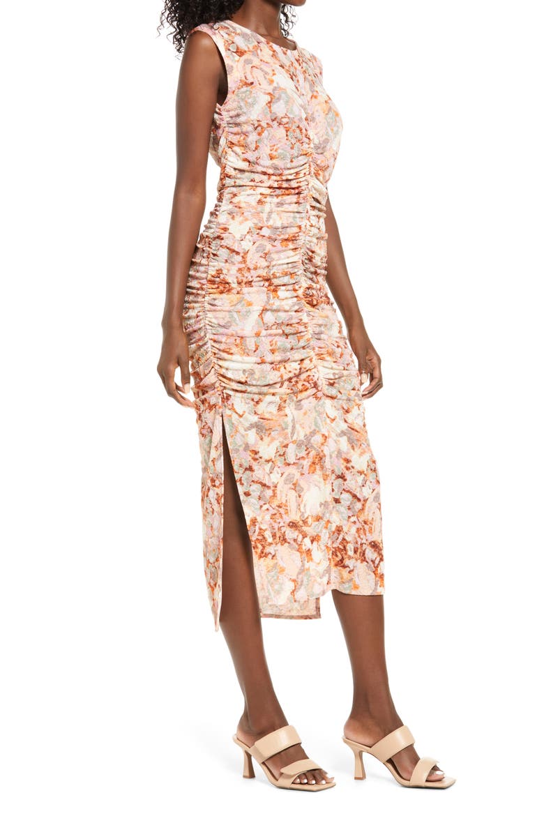 Stretch Sleeveless Ruched Midi Dress, Alternate, color, PINK PAINTED FLORAL