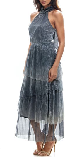 Metallic Tiered Crinkle Maxi Dress