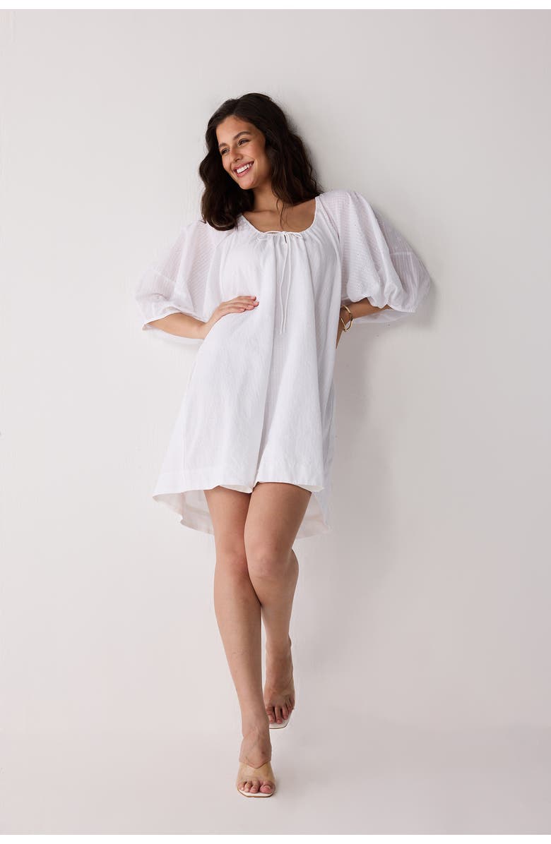 Reistor Puff Sleeved Dress with Drawstring Neckline, Alternate, color, White