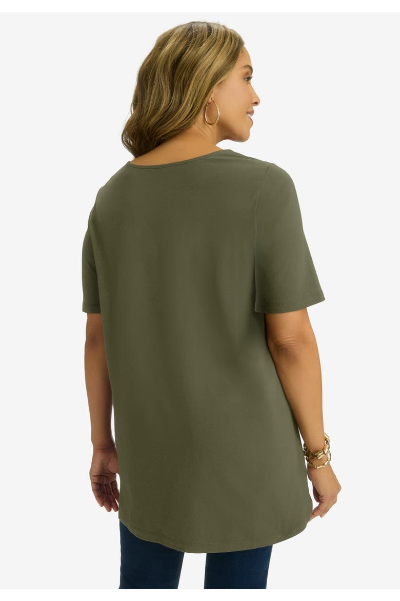 Stretch Cotton Studded Square Neck Tunic, Alternate, color, DARK OLIVE GREEN GOLD STUD