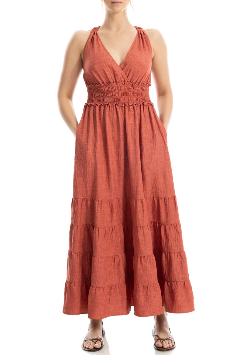 Empire Waist Tiered Maxi Dress, Alternate, color, HEATHER WASHED RED