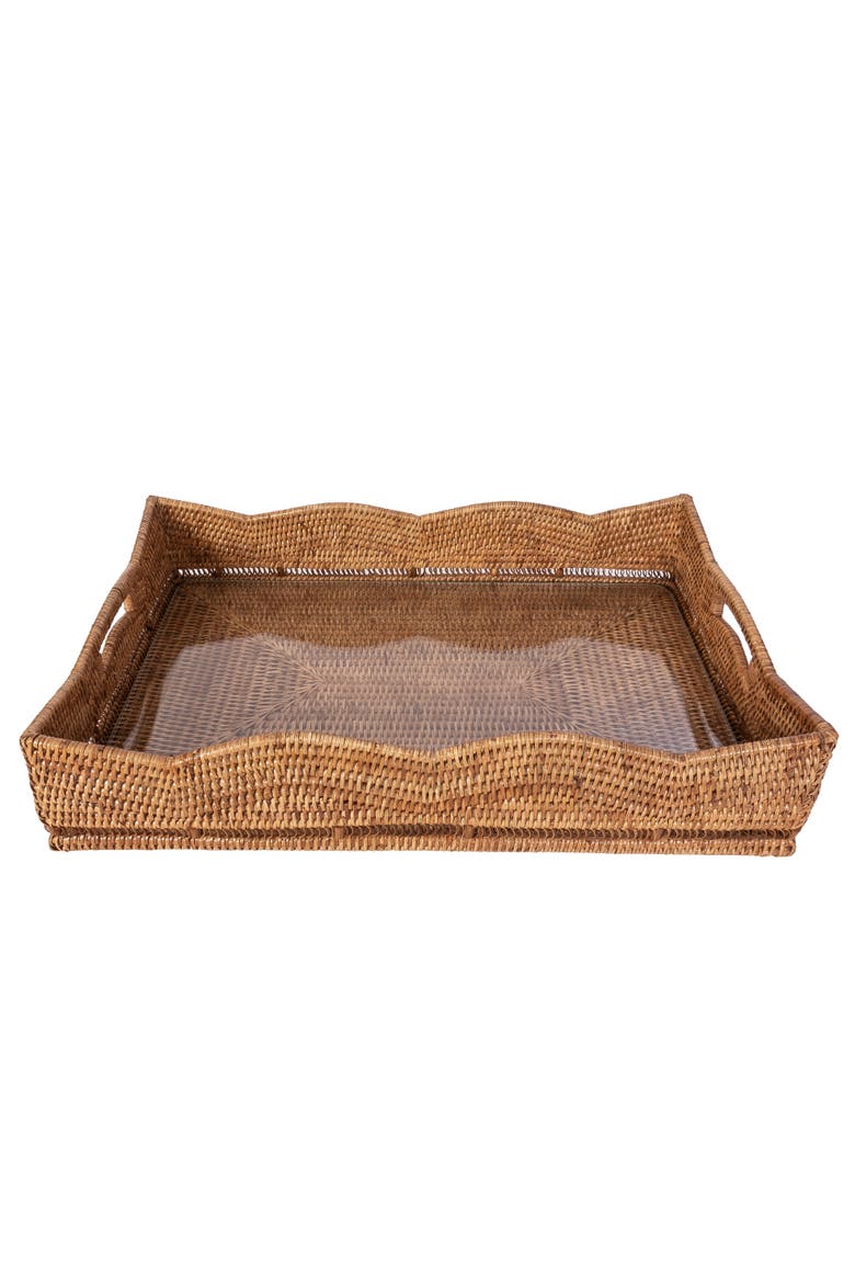 Scalloped Rattan Rectangular Tray with Glass Insert, Main, color, Honey Brown
