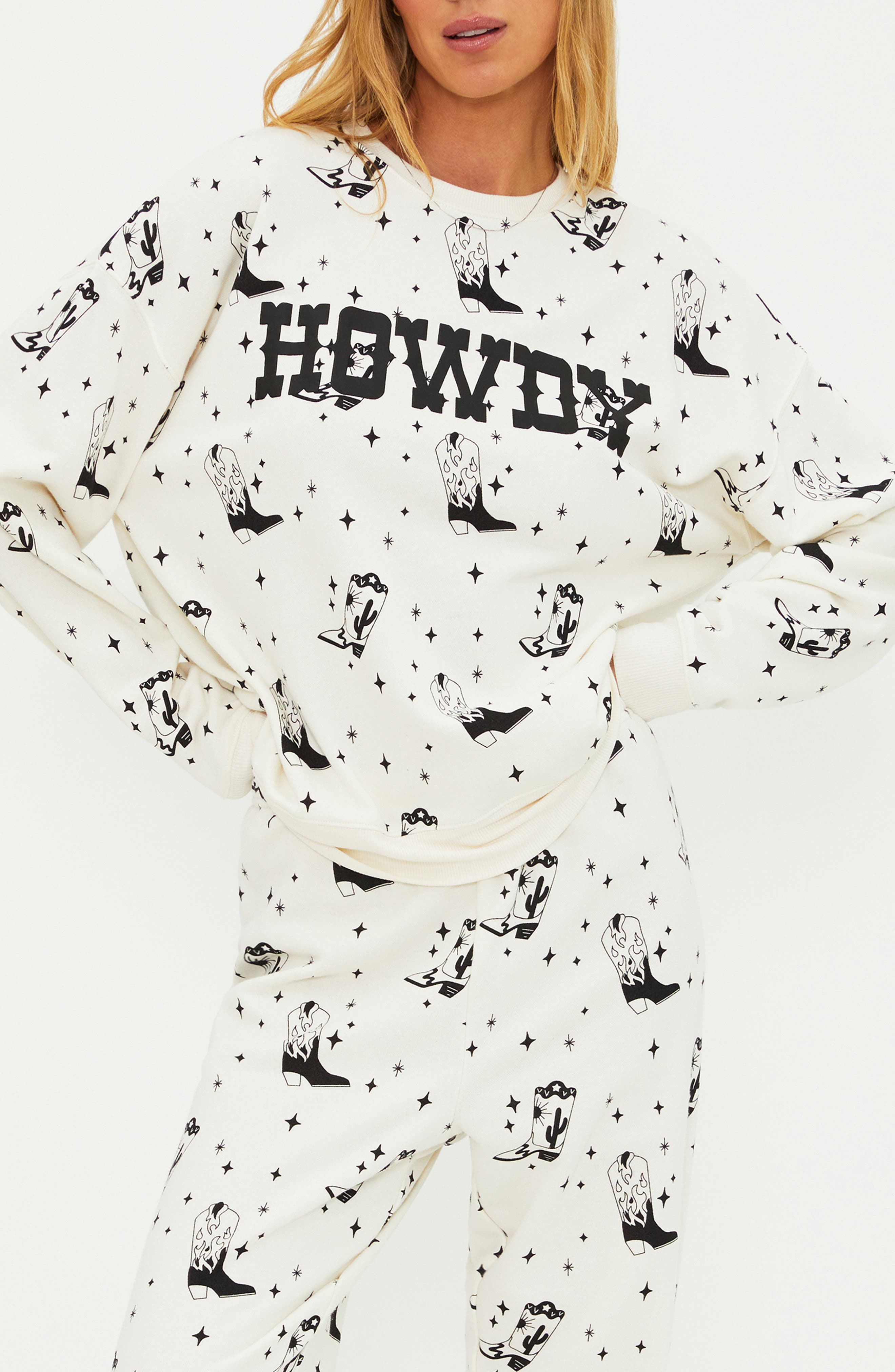 Beach Riot Devyn Western Boots Oversized Graphic Sweatshirt In Howdy Boots