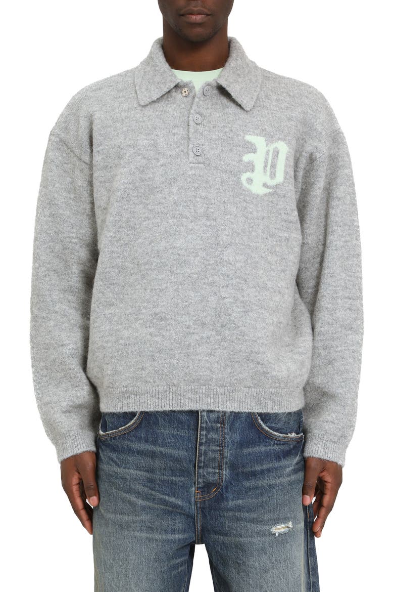 Relaxed Fit Intarsia Logo Polo Sweater, Main, color, GREY