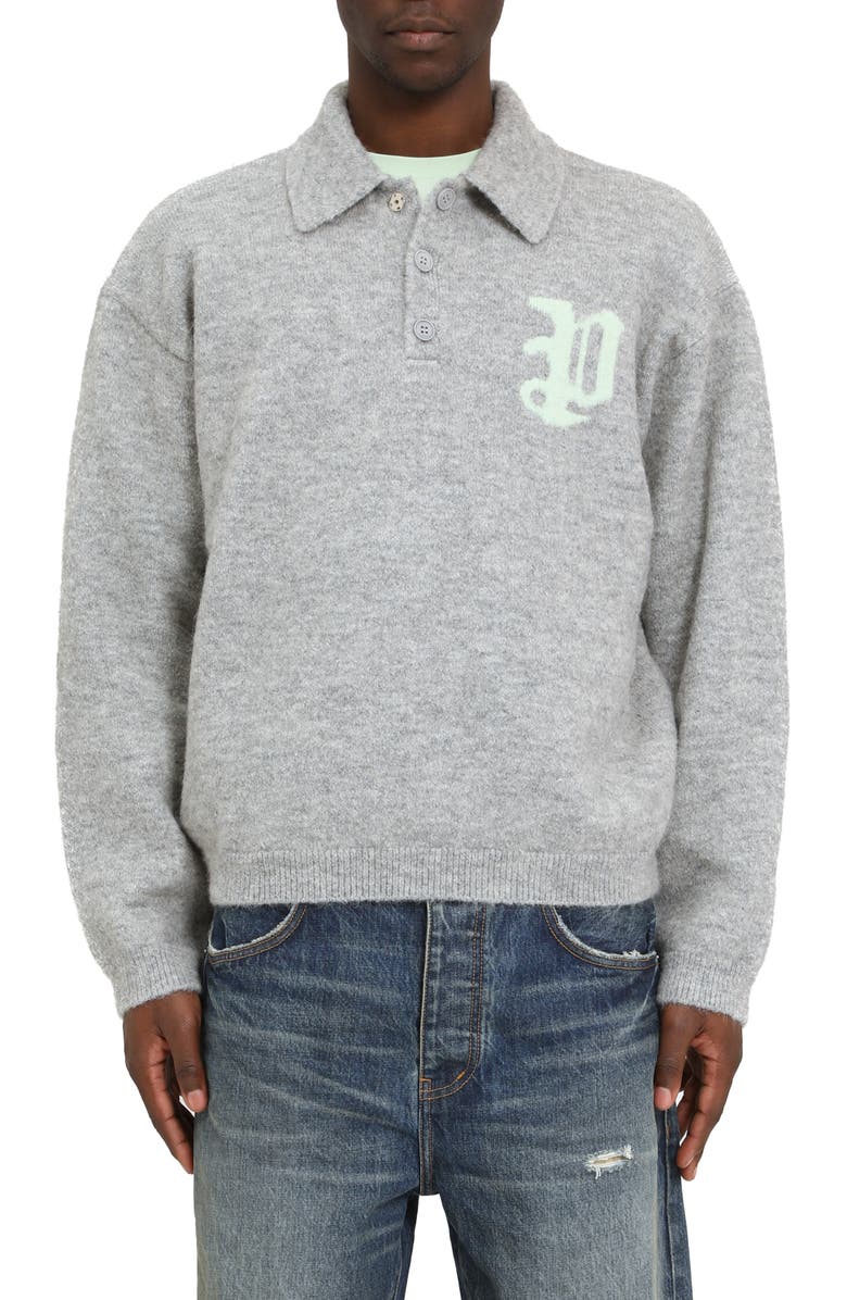 PURPLE BRAND Relaxed Fit Intarsia Logo Polo Sweater, Main, color, Grey
