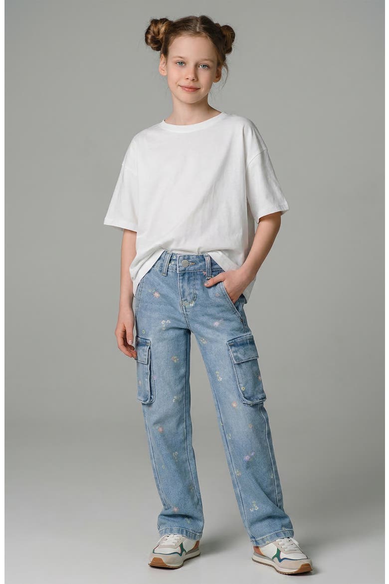 Kids' Lara Floral Straight Leg Cargo Jeans, Alternate, color, BLEACH WASH 130