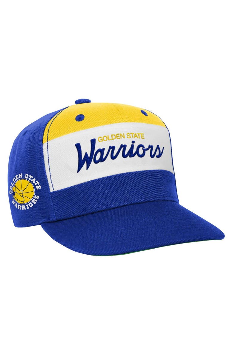 Mitchell & Ness Youth Mitchell & Ness White/Royal Golden State Warriors Retro Sport Color Block Script Snapback Hat, Main, color, 