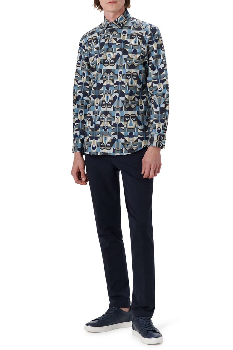 Shaped Fit Abstract Print Stretch Cotton Button-Up Shirt, Alternate, color, STEEL