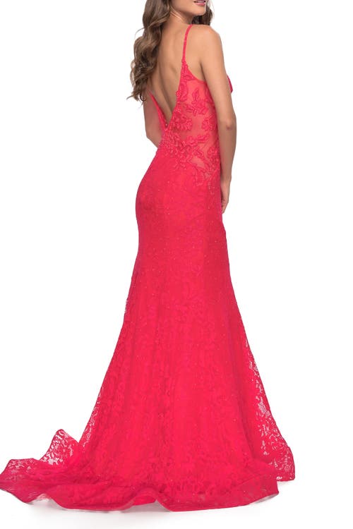 La Femme Long Mermaid Lace Dress With Back Rhinestone Detail In Hot Coral