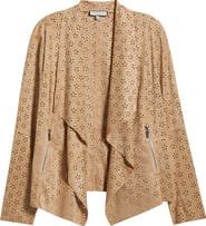 Bagatelle Perforated Floral Faux Suede Drape Jacket